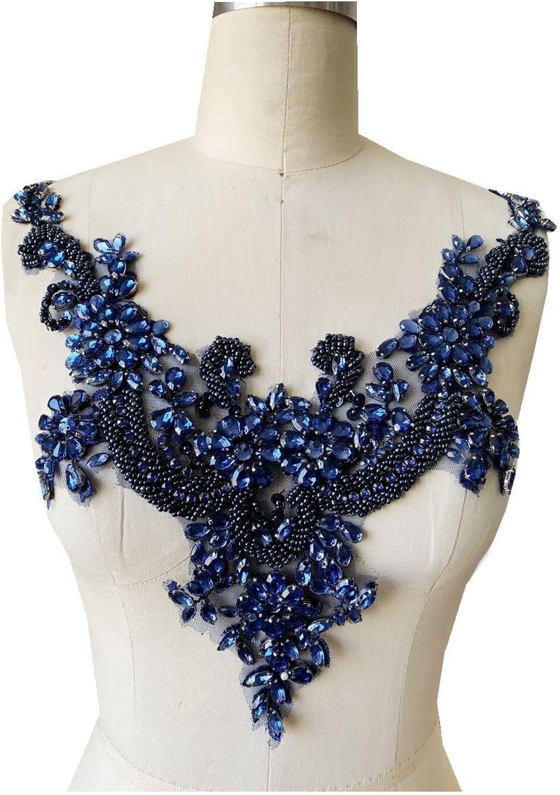 wtbvn Handmade Rhinestones lace Applique handsewing Beads Trim Patches Neckline for Dress Clothes Accessory (Deepblue) - Image 1